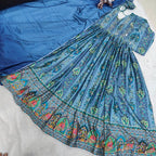 Blue Chinon Anarkali Gown with Mirror & Golden Thread Work And Two-Tone Shade Dupatta -Perfect For Festivals