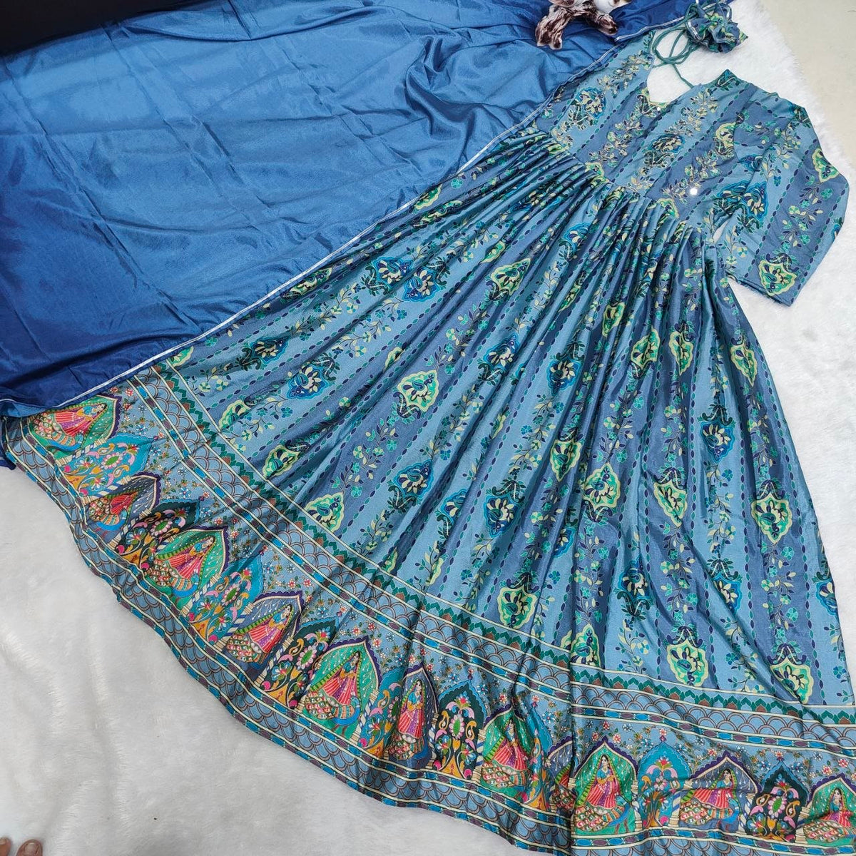 Blue Chinon Anarkali Gown with Mirror & Golden Thread Work And Two-Tone Shade Dupatta -Perfect For Festivals