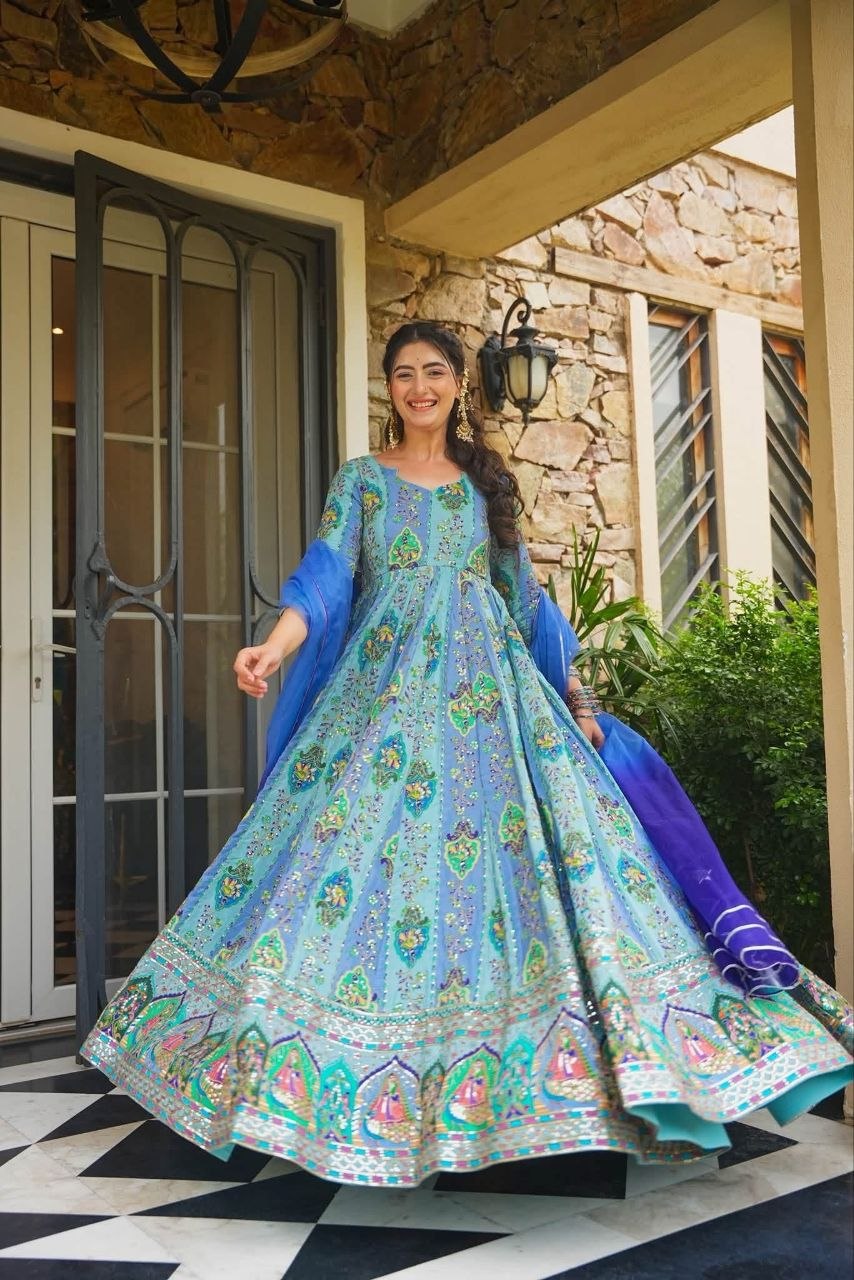 Blue Chinon Anarkali Gown with Mirror & Golden Thread Work And Two-Tone Shade Dupatta -Perfect For Festivals