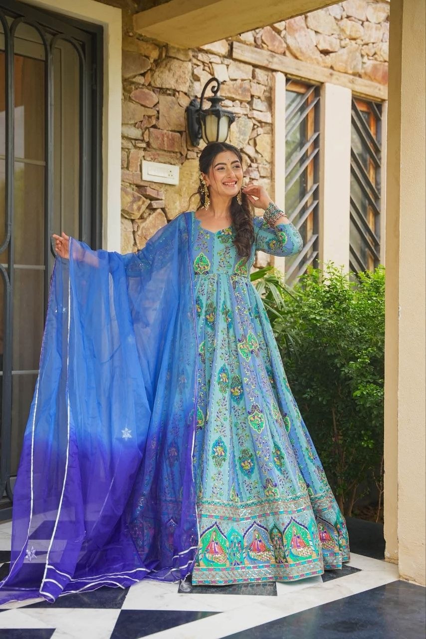 Blue Chinon Anarkali Gown with Mirror & Golden Thread Work And Two-Tone Shade Dupatta -Perfect For Festivals