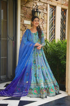 Blue Chinon Anarkali Gown with Mirror & Golden Thread Work And Two-Tone Shade Dupatta -Perfect For Festivals