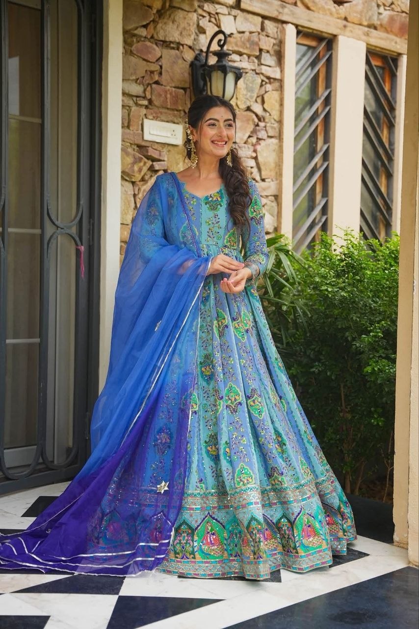 Blue Chinon Anarkali Gown with Mirror & Golden Thread Work And Two-Tone Shade Dupatta -Perfect For Festivals