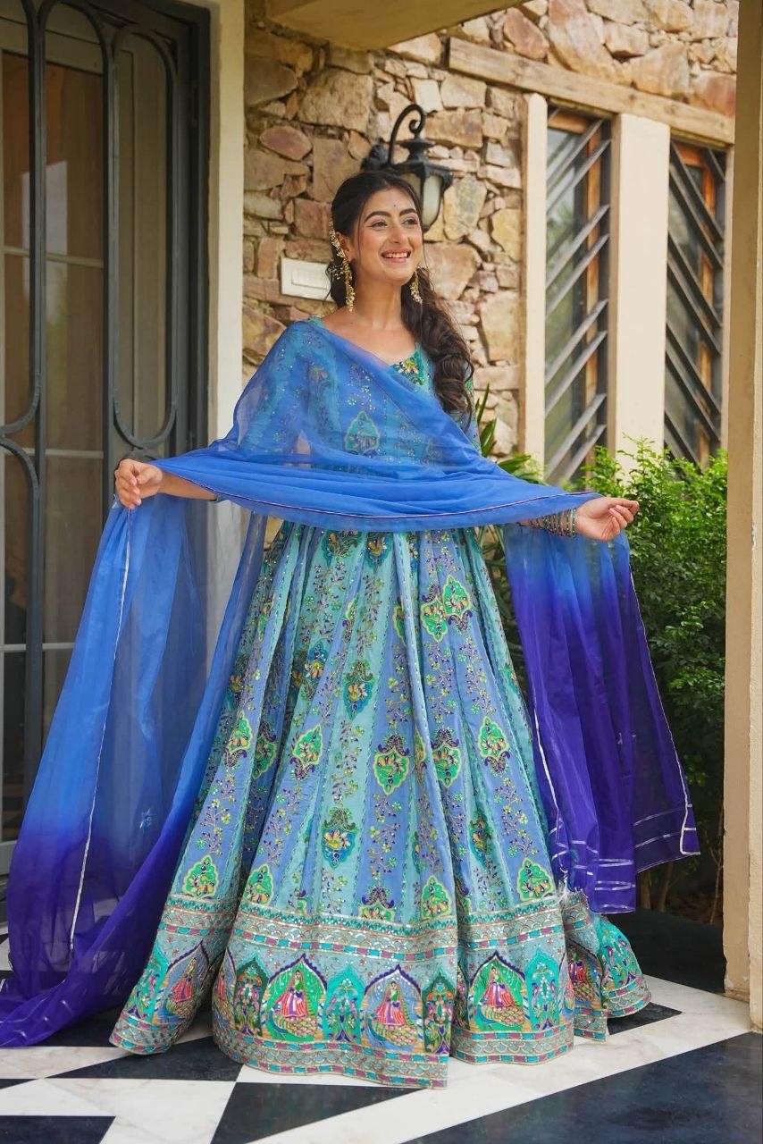 Blue Chinon Anarkali Gown with Mirror & Golden Thread Work And Two-Tone Shade Dupatta -Perfect For Festivals