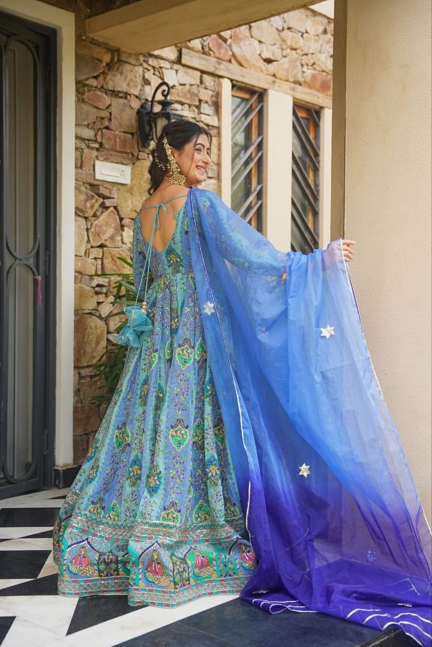 Blue Chinon Anarkali Gown with Mirror & Golden Thread Work And Two-Tone Shade Dupatta -Perfect For Festivals