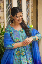 Blue Chinon Anarkali Gown with Mirror & Golden Thread Work And Two-Tone Shade Dupatta -Perfect For Festivals