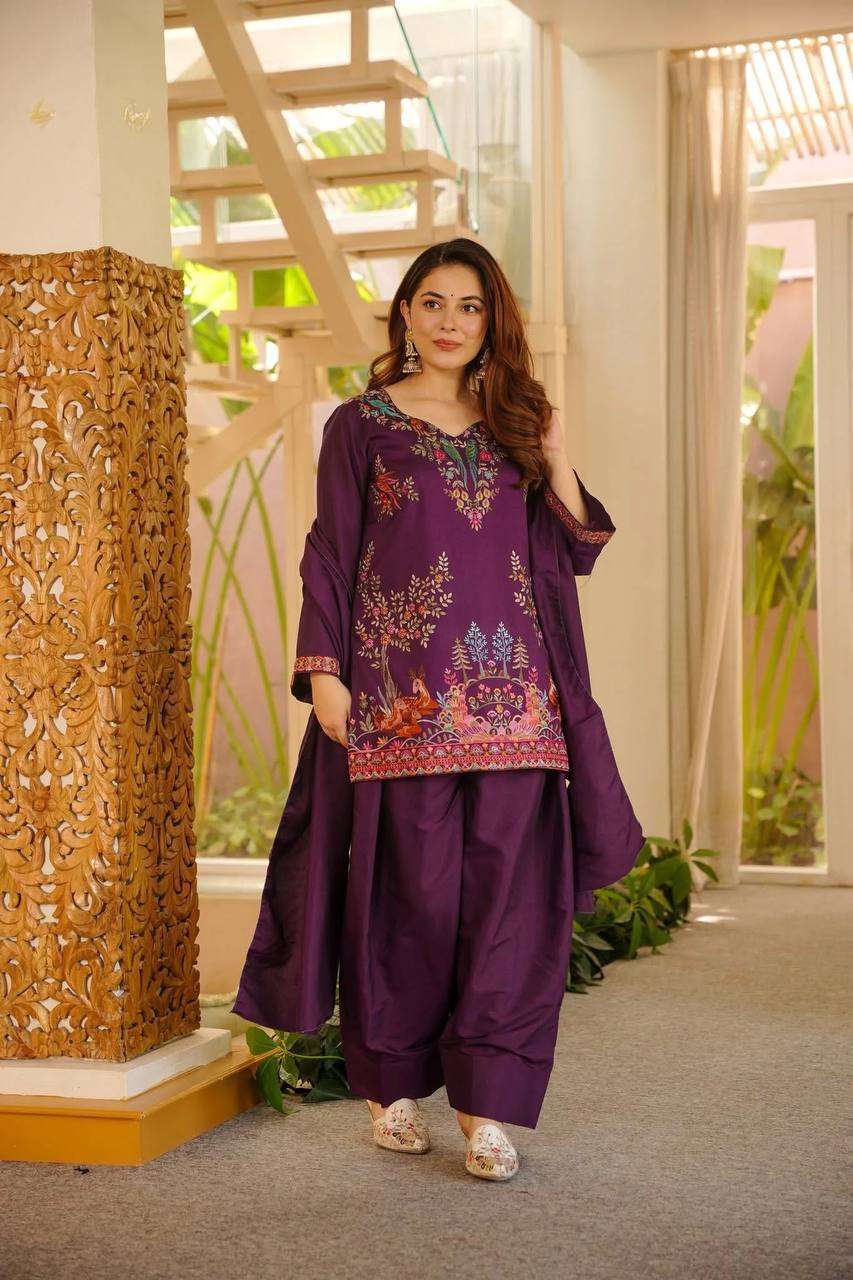 Royal Wine Thread Work Kurta Farshi Salwar Set – Elegant Ethnic Wear for Women