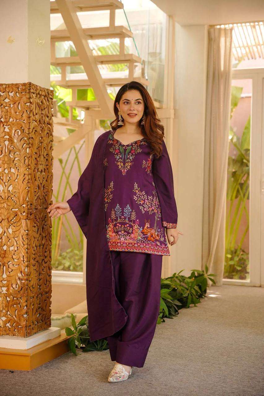 Royal Wine Thread Work Kurta Farshi Salwar Set – Elegant Ethnic Wear for Women