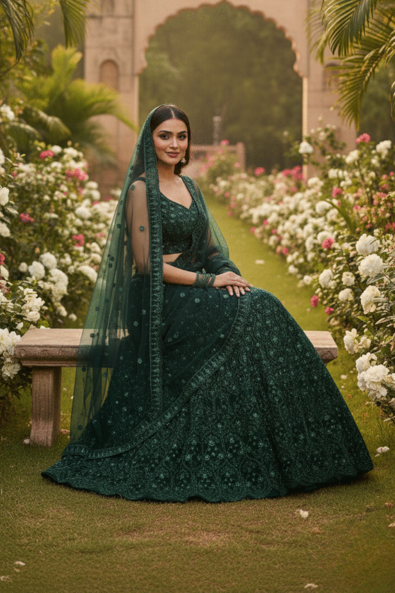 Woman in a dark green traditional outfit sitting on a bench in a garden with flowers and architecture.