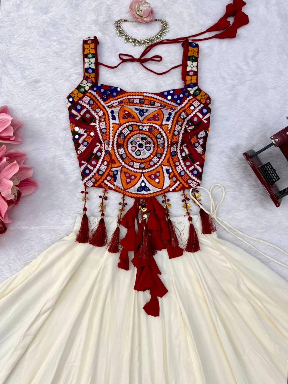 Heavy Rayon Mirror Work Choli with Flared Lehenga & Fancy Lace Detailing - Navratri Outfit