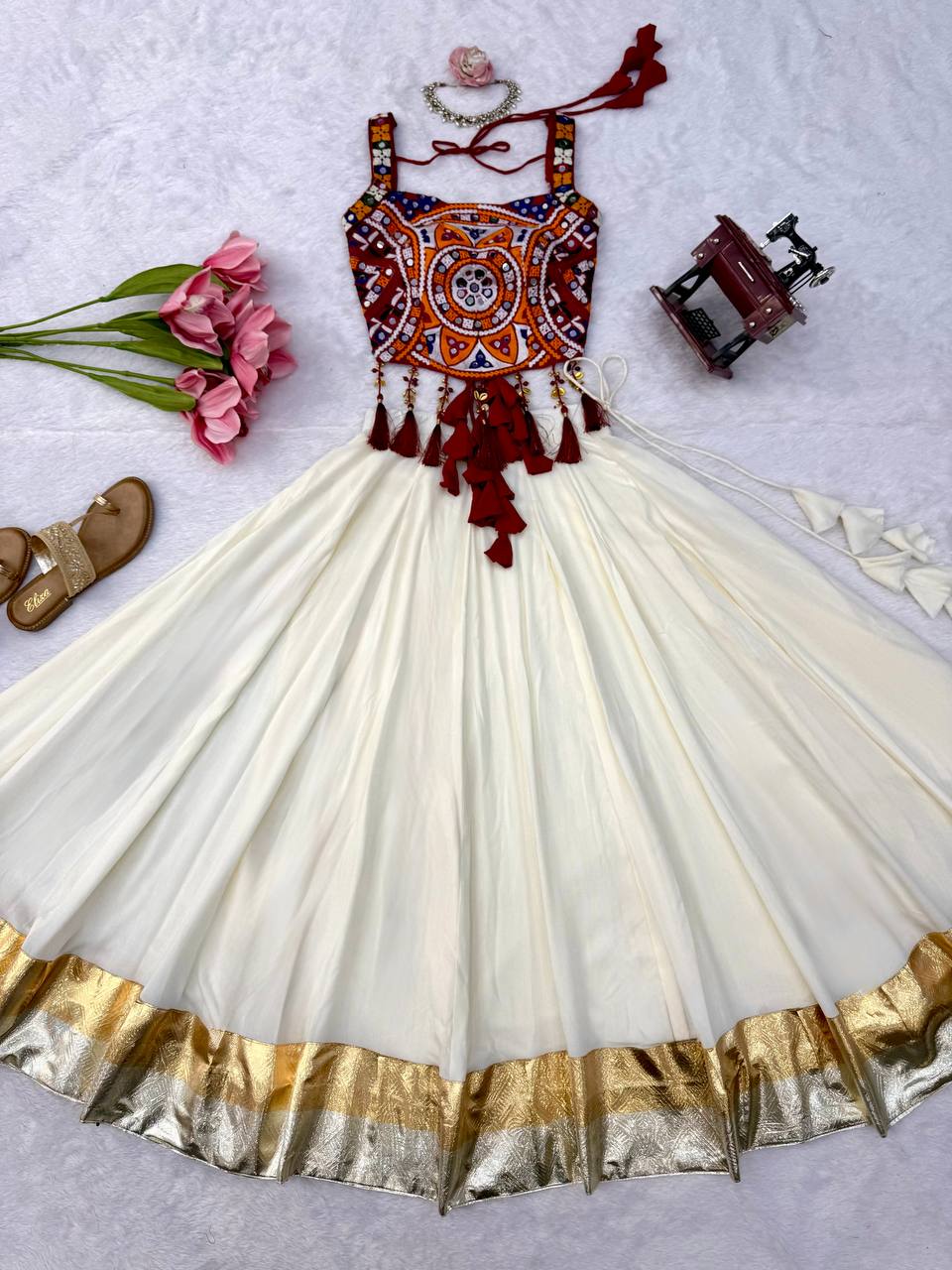 Heavy Rayon Mirror Work Choli with Flared Lehenga & Fancy Lace Detailing - Navratri Outfit