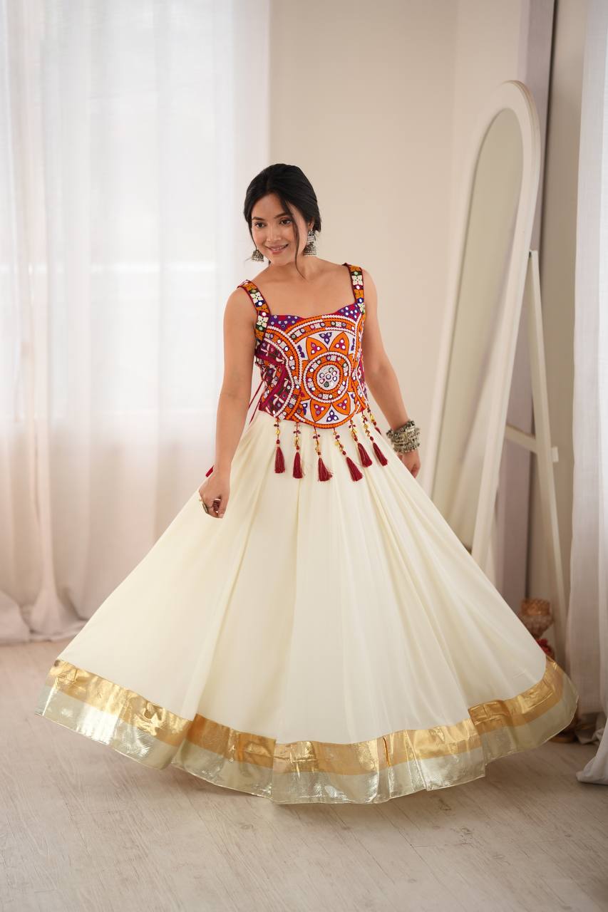 Heavy Rayon Mirror Work Choli with Flared Lehenga & Fancy Lace Detailing - Navratri Outfit