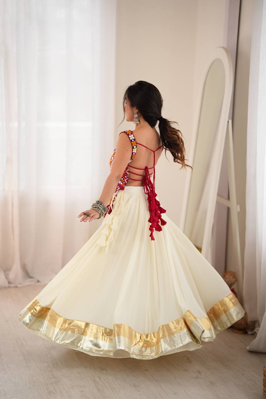 Heavy Rayon Mirror Work Choli with Flared Lehenga & Fancy Lace Detailing - Navratri Outfit