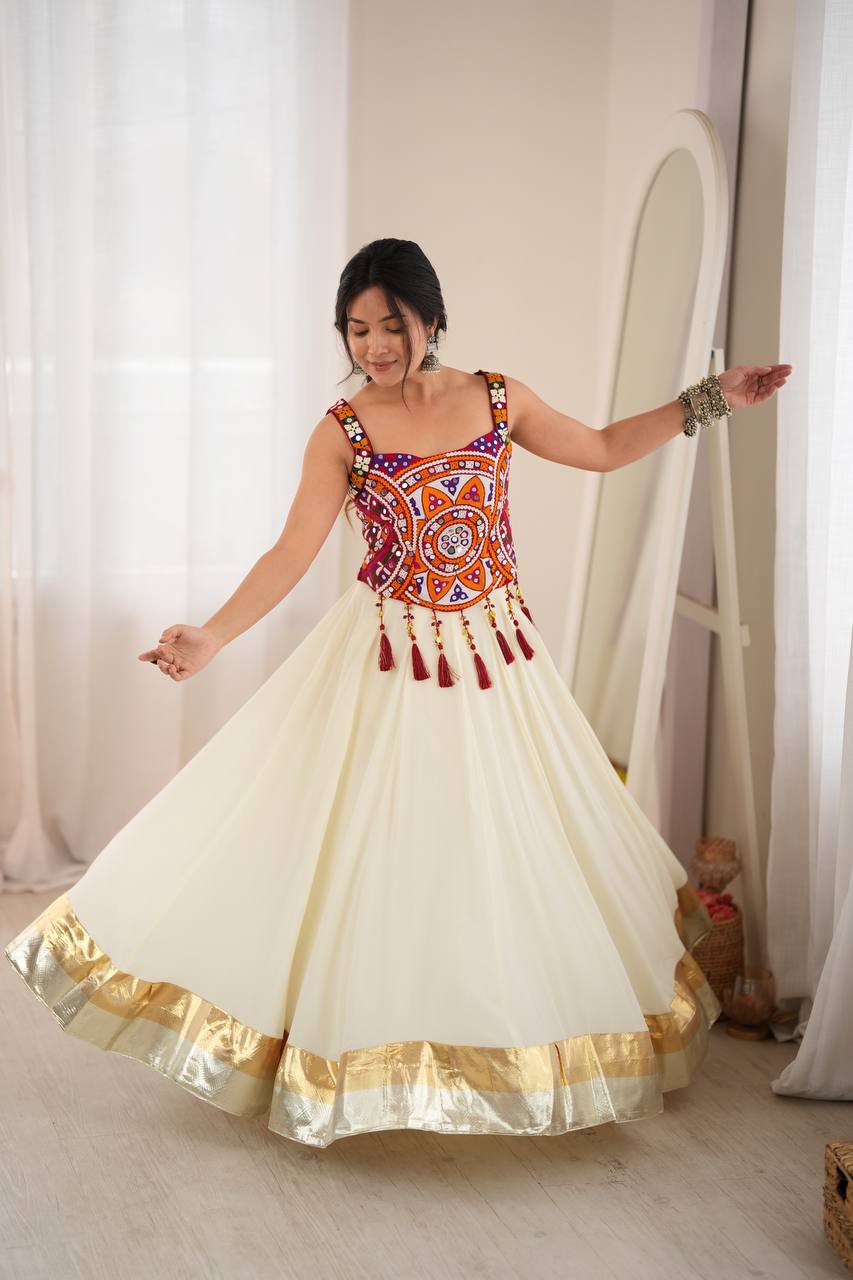 Heavy Rayon Mirror Work Choli with Flared Lehenga & Fancy Lace Detailing - Navratri Outfit