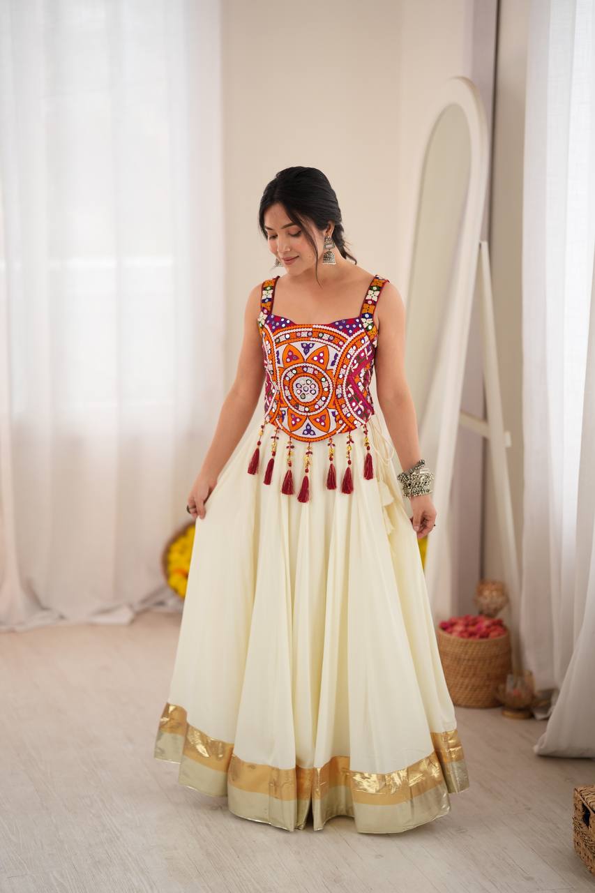 Heavy Rayon Mirror Work Choli with Flared Lehenga & Fancy Lace Detailing - Navratri Outfit