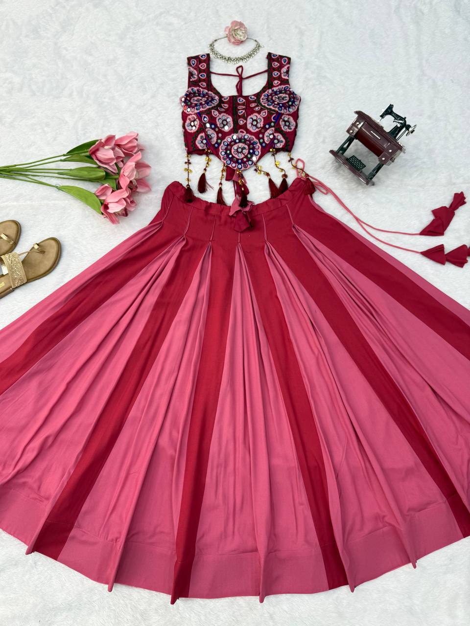 Rani Pink Heavy Rayon Mirror Work Lehenga Choli with Grand Flair & Fancy Latkan