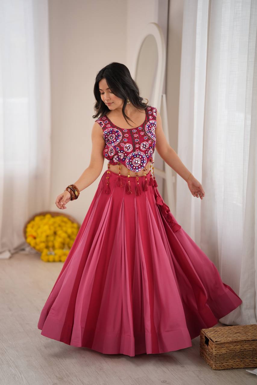 Rani Pink Heavy Rayon Mirror Work Lehenga Choli with Grand Flair & Fancy Latkan
