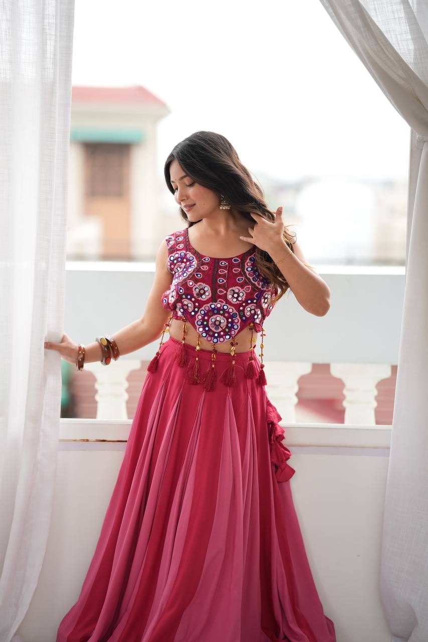 Rani Pink Heavy Rayon Mirror Work Lehenga Choli with Grand Flair & Fancy Latkan