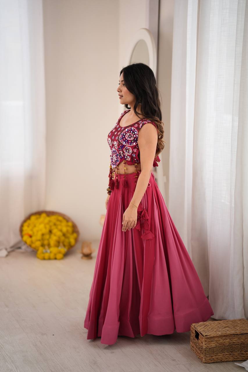 Rani Pink Heavy Rayon Mirror Work Lehenga Choli with Grand Flair & Fancy Latkan