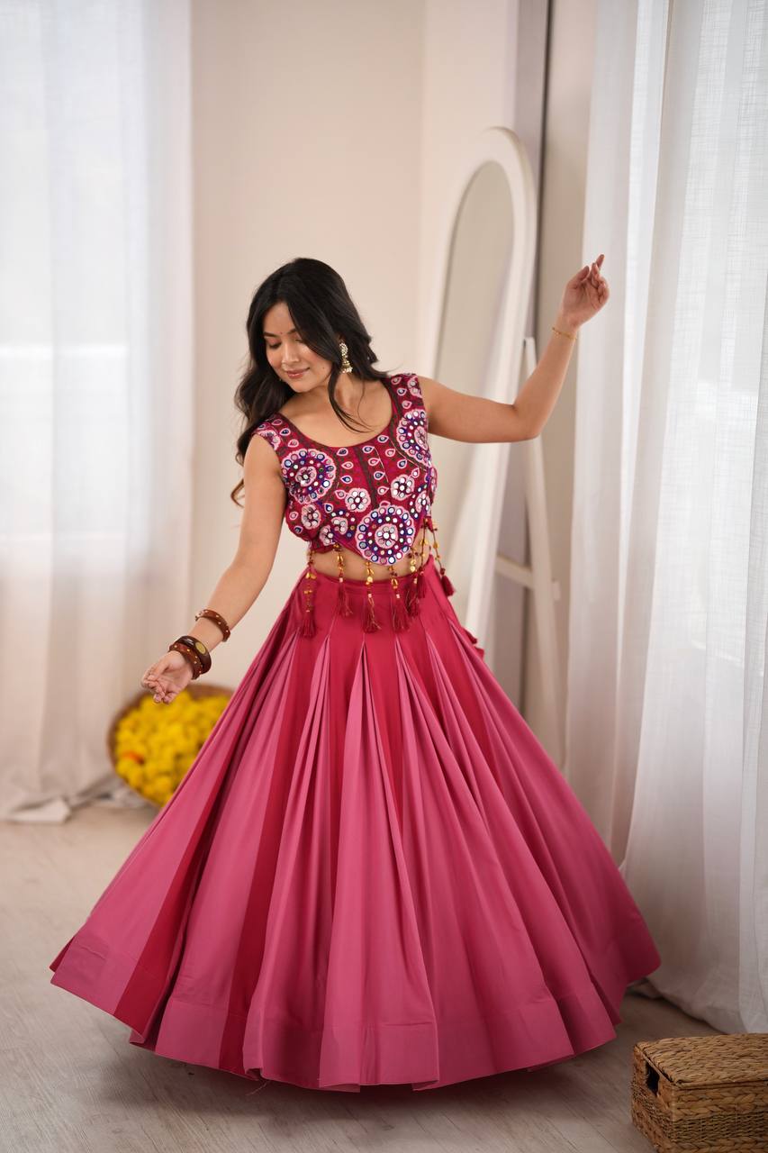 Rani Pink Heavy Rayon Mirror Work Lehenga Choli with Grand Flair & Fancy Latkan