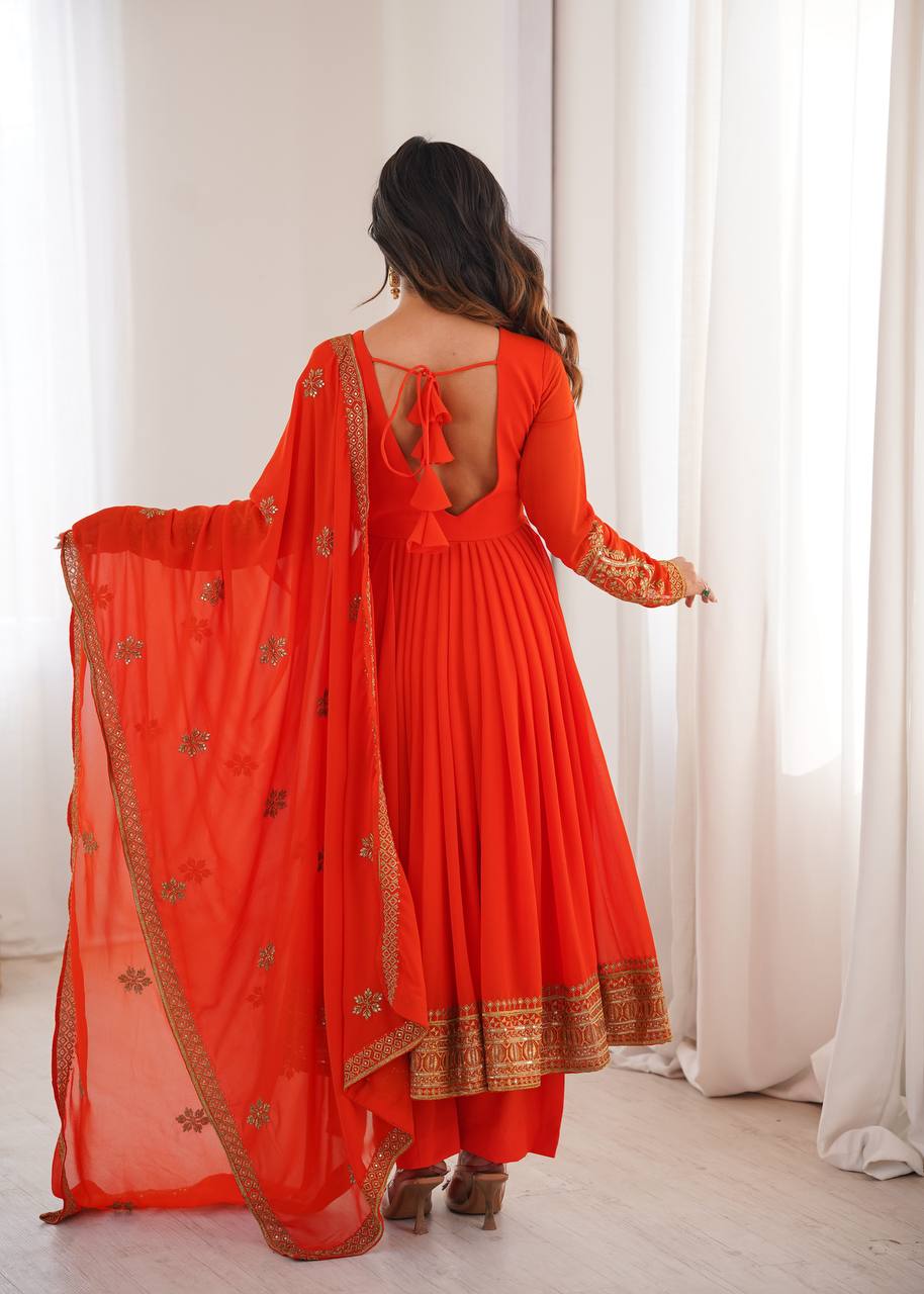 Red Georgette Embroidered With Sequence Anarkali Pant With Dupatta-Perfect For Festival and parties