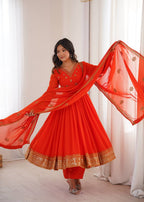 Red Georgette Embroidered With Sequence Anarkali Pant With Dupatta-Perfect For Festival and parties