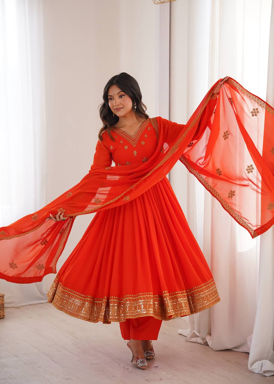 Red Georgette Embroidered With Sequence Anarkali Pant With Dupatta-Perfect For Festival and parties