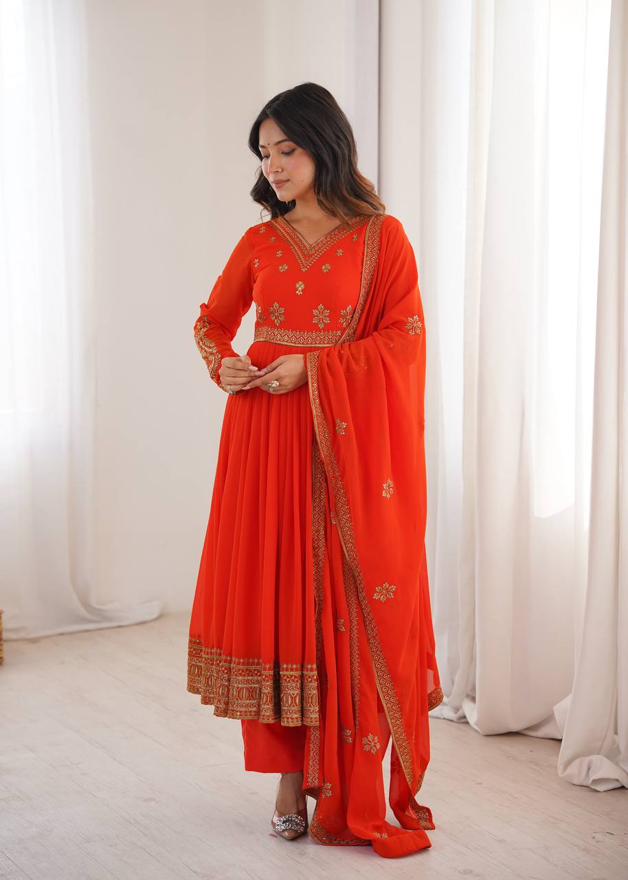 Red Georgette Embroidered With Sequence Anarkali Pant With Dupatta-Perfect For Festival and parties