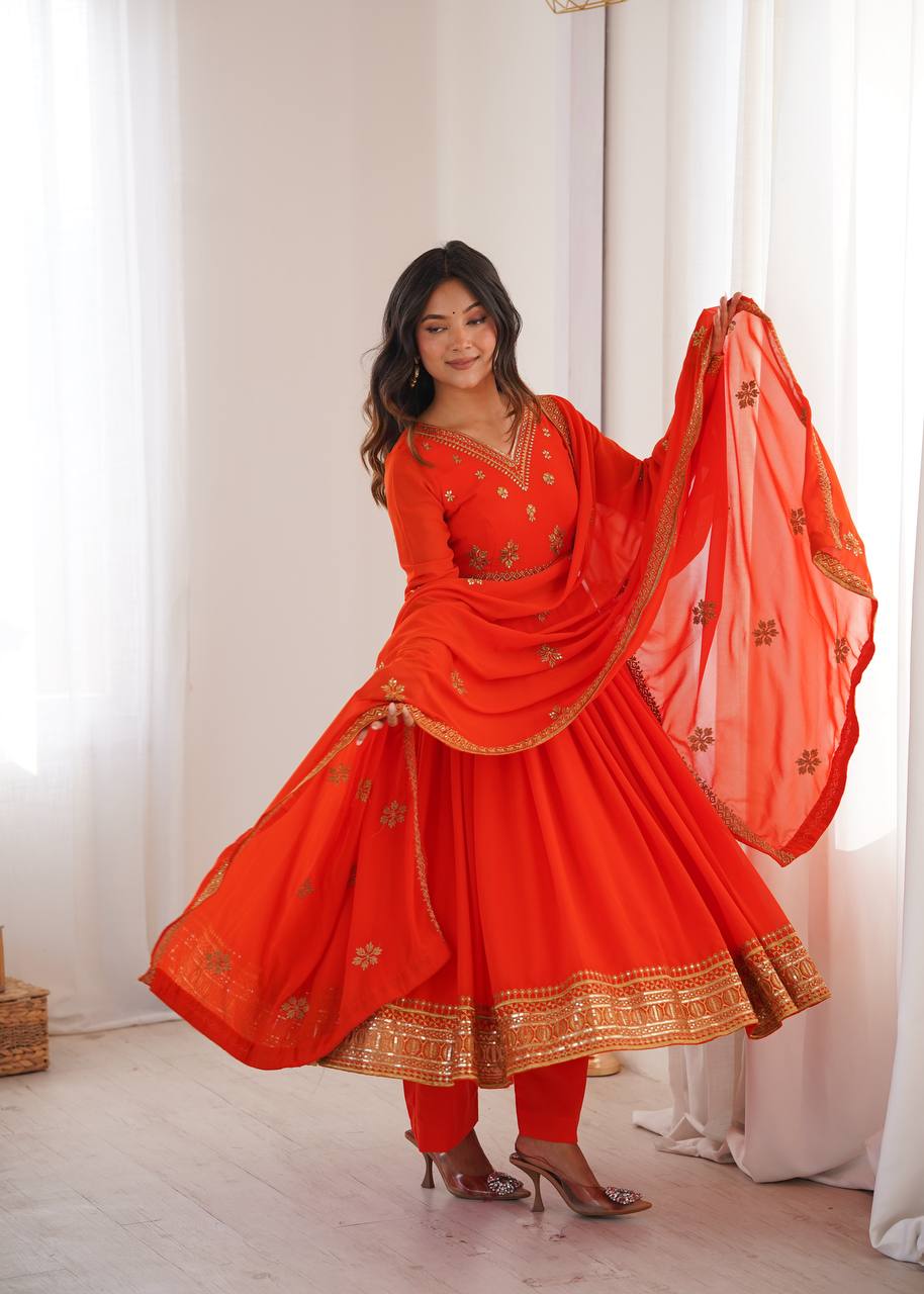 Red Georgette Embroidered With Sequence Anarkali Pant With Dupatta-Perfect For Festival and parties
