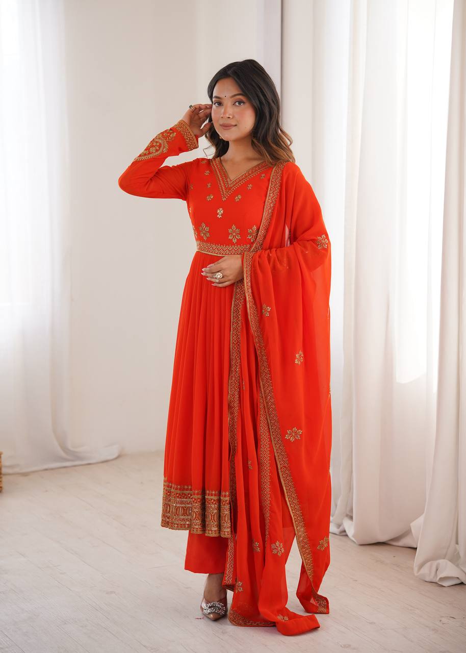 Red Georgette Embroidered With Sequence Anarkali Pant With Dupatta-Perfect For Festival and parties