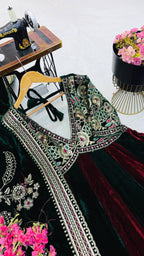 Royal Designer Wine & Emerald Green Velvet Anarkali Gown with Heavy Embroidery & Dupatta