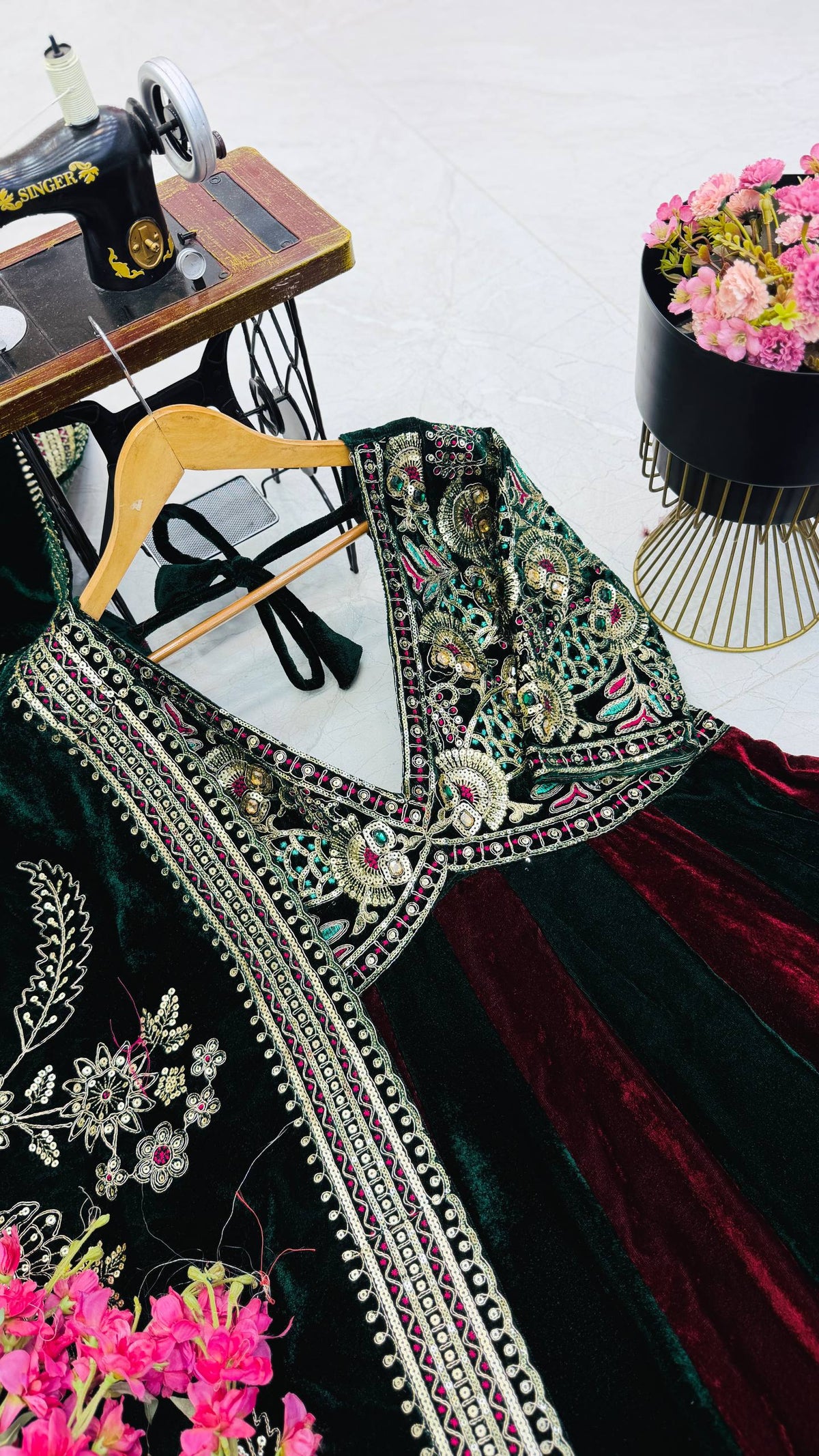Royal Designer Wine & Emerald Green Velvet Anarkali Gown with Heavy Embroidery & Dupatta