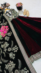 Royal Designer Wine & Emerald Green Velvet Anarkali Gown with Heavy Embroidery & Dupatta