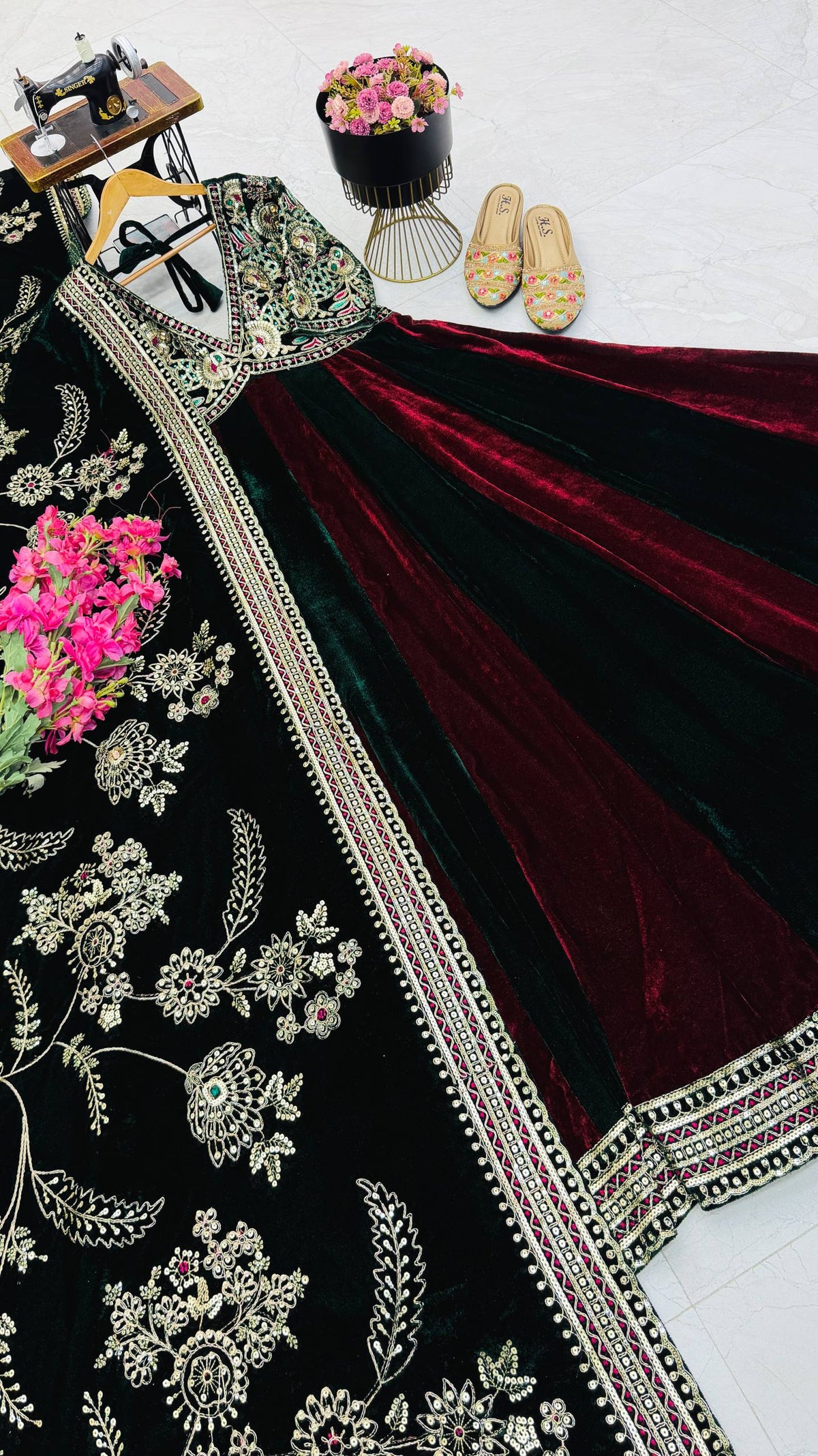 Royal Designer Wine & Emerald Green Velvet Anarkali Gown with Heavy Embroidery & Dupatta