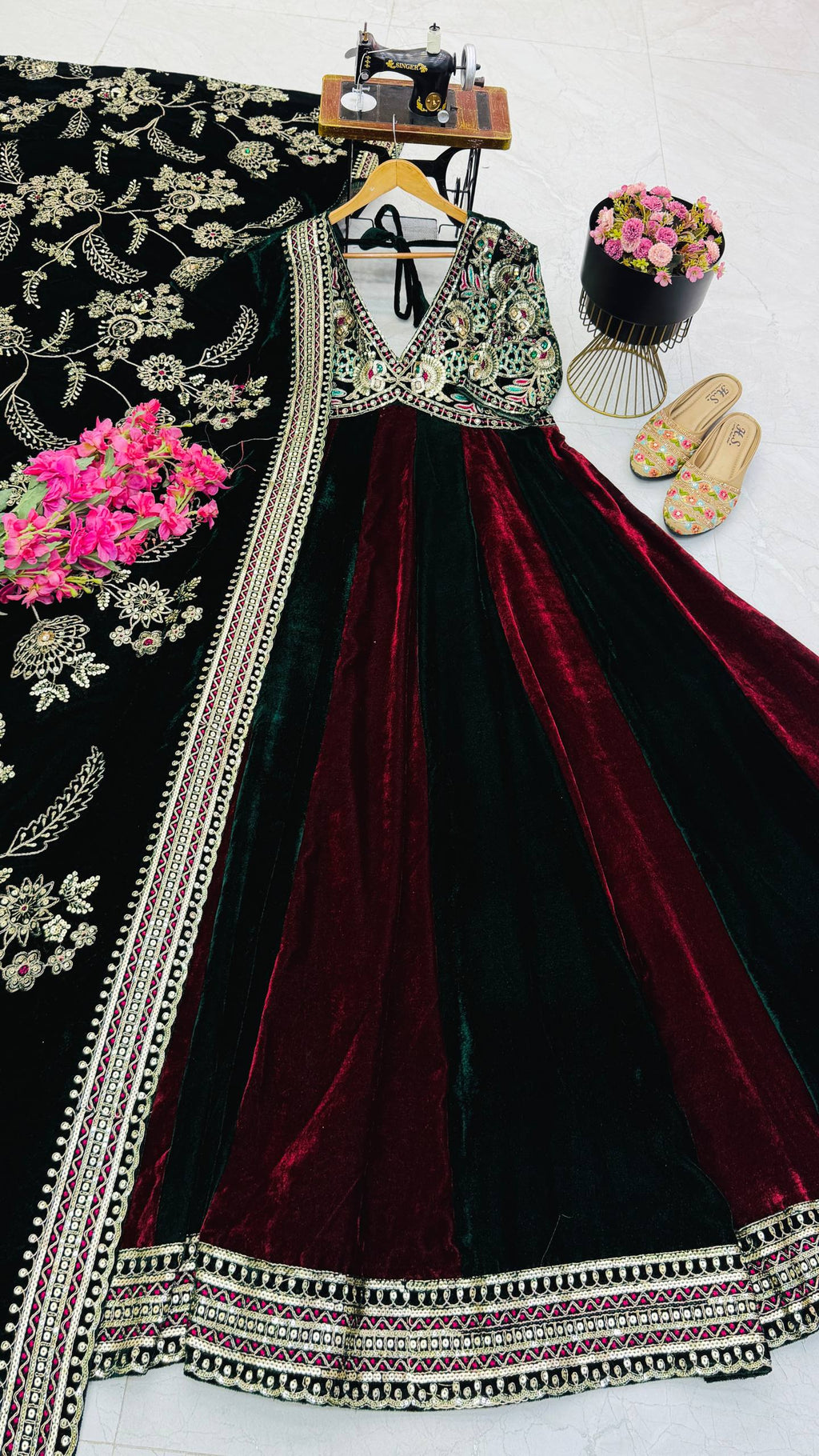 Royal Designer Wine & Emerald Green Velvet Anarkali Gown with Heavy Embroidery & Dupatta