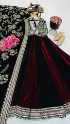 Royal Designer Wine & Emerald Green Velvet Anarkali Gown with Heavy Embroidery & Dupatta