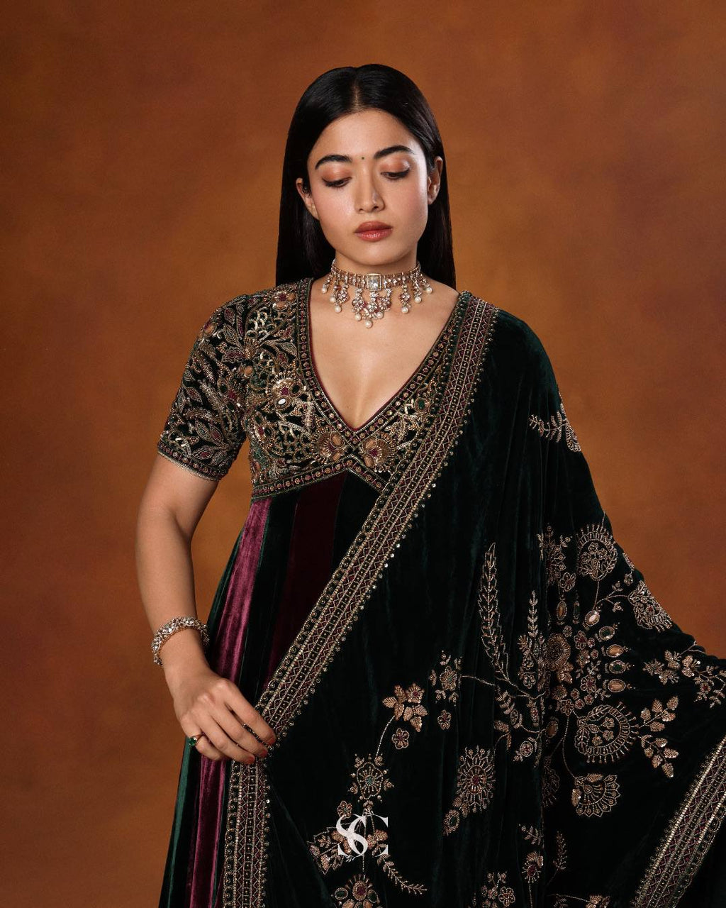 Royal Designer Wine & Emerald Green Velvet Anarkali Gown with Heavy Embroidery & Dupatta