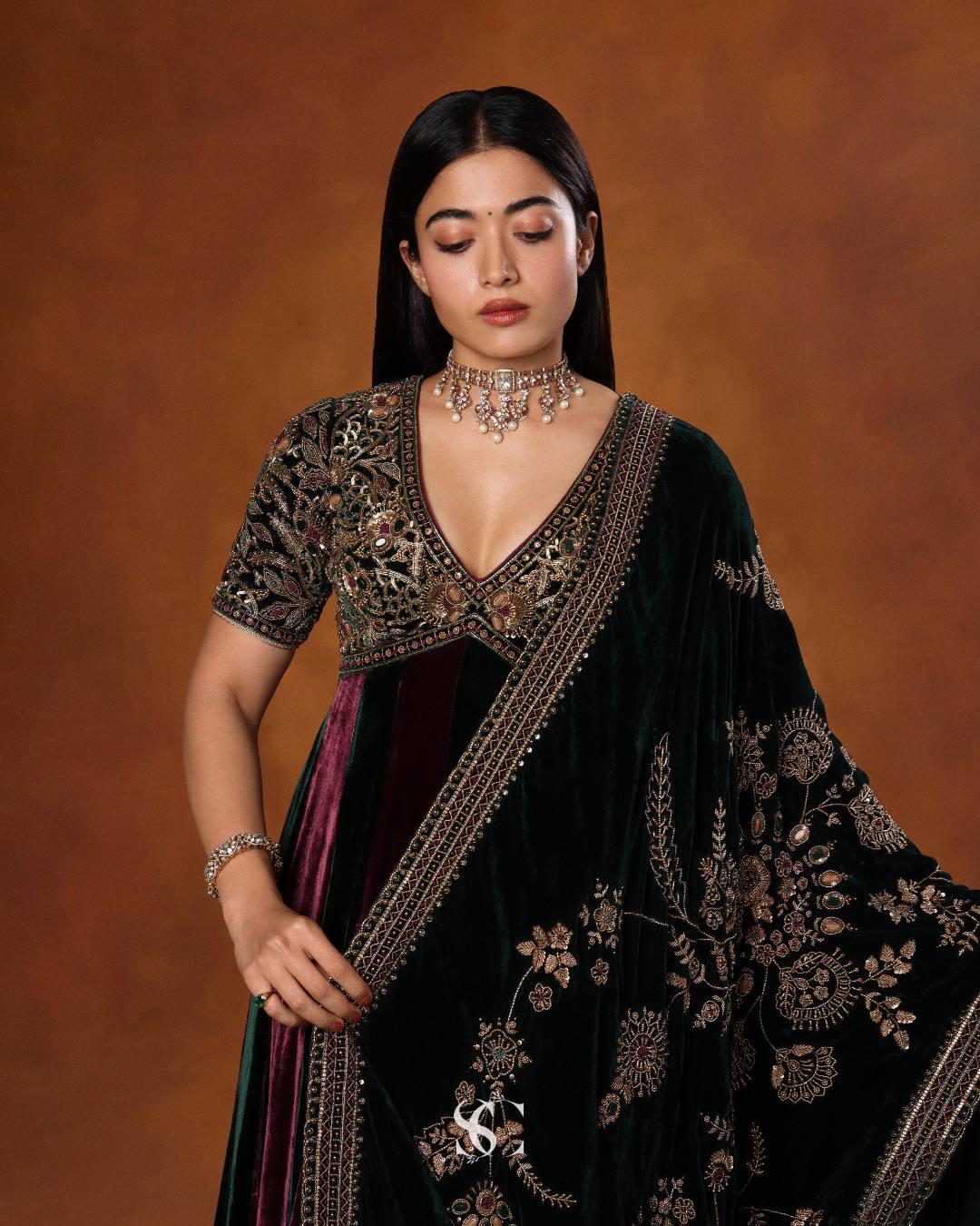 Royal Designer Wine & Emerald Green Velvet Anarkali Gown with Heavy Embroidery & Dupatta