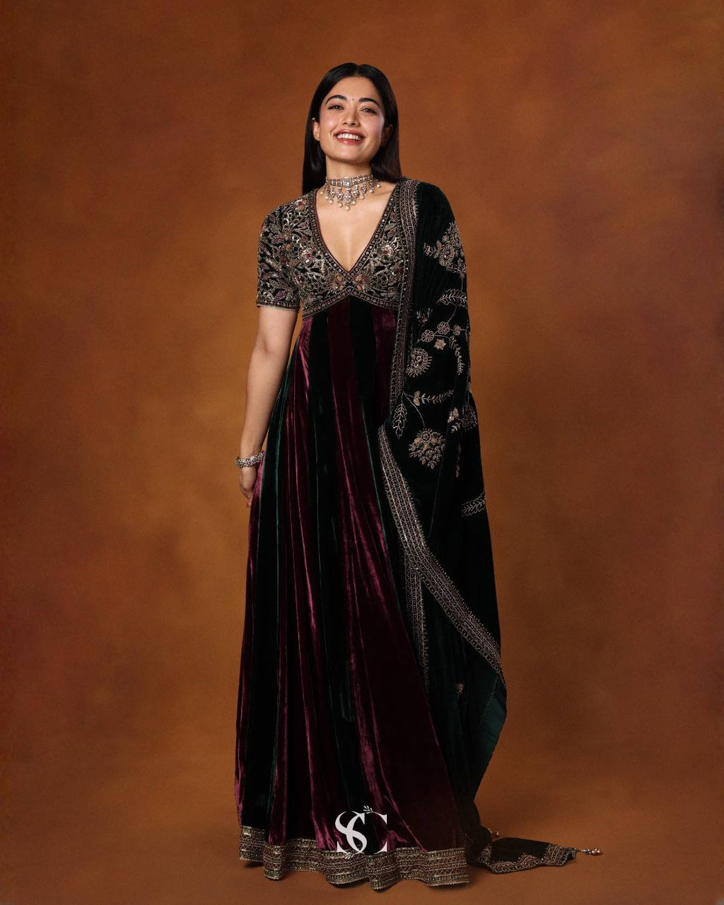 Royal Designer Wine & Emerald Green Velvet Anarkali Gown with Heavy Embroidery & Dupatta
