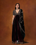 Royal Designer Wine & Emerald Green Velvet Anarkali Gown with Heavy Embroidery & Dupatta