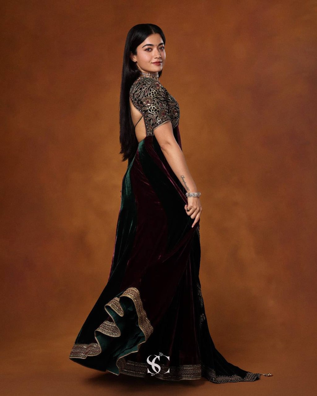 Royal Designer Wine & Emerald Green Velvet Anarkali Gown with Heavy Embroidery & Dupatta