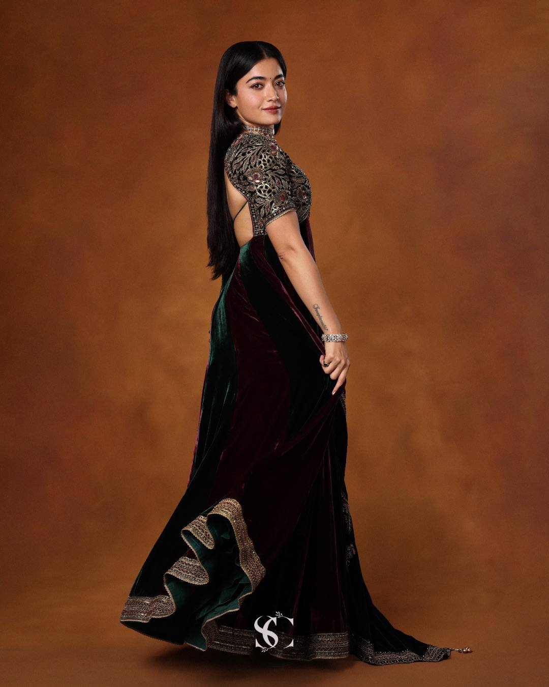 Royal Designer Wine & Emerald Green Velvet Anarkali Gown with Heavy Embroidery & Dupatta