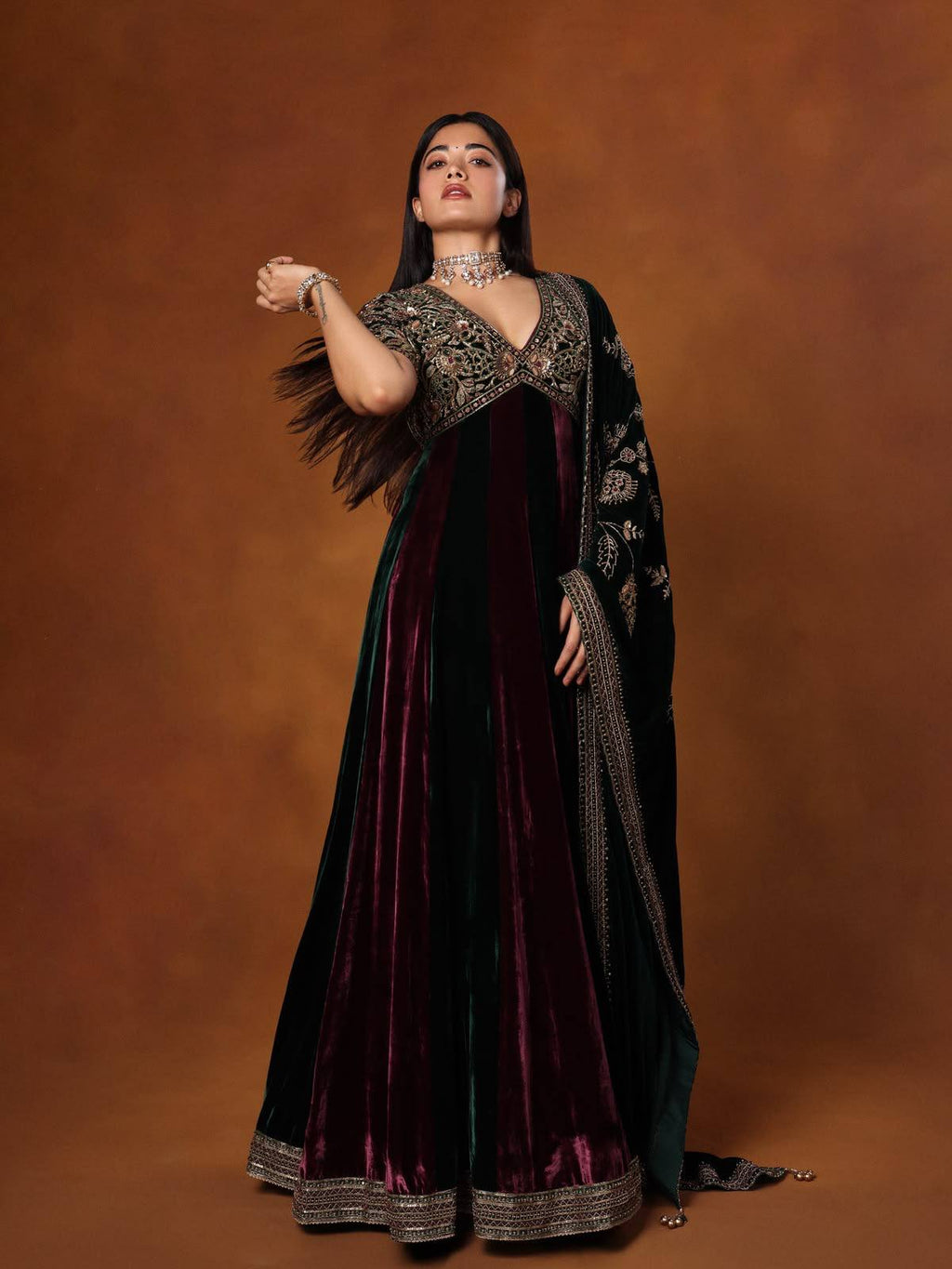 Royal Designer Wine & Emerald Green Velvet Anarkali Gown with Heavy Embroidery & Dupatta