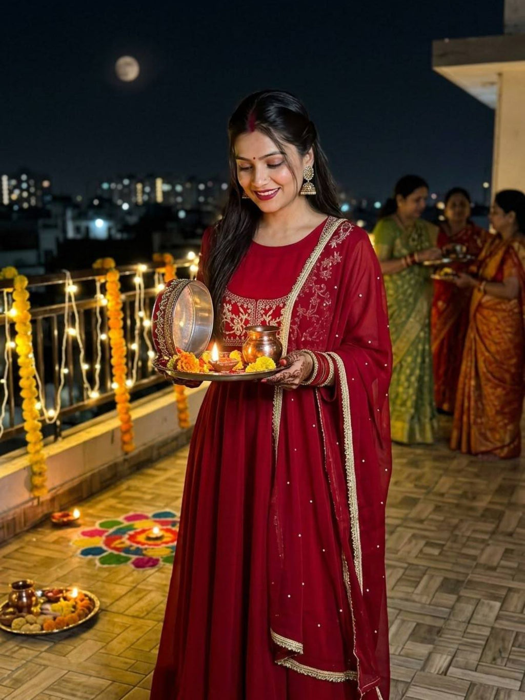Red Georgette Sequin Embroidered Anarkali Gown Pant with Dupatta for Karwa Chauth Festive Wear
