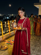 Red Georgette Sequin Embroidered Anarkali Gown Pant with Dupatta for Karwa Chauth Festive Wear