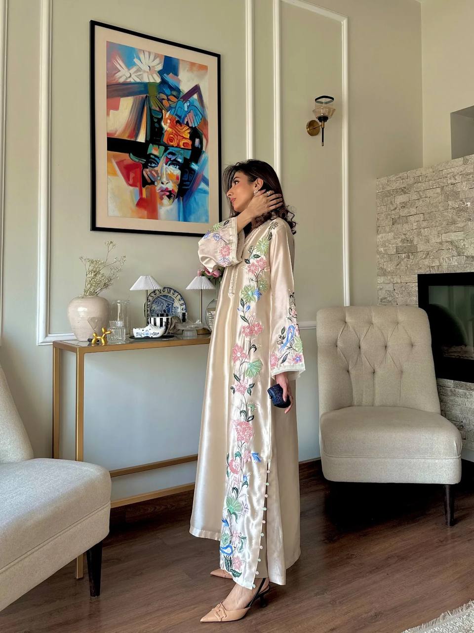 Ivory Embroidered Over Size Long Kaftan & Bottom With Dupatta For Festive Wear