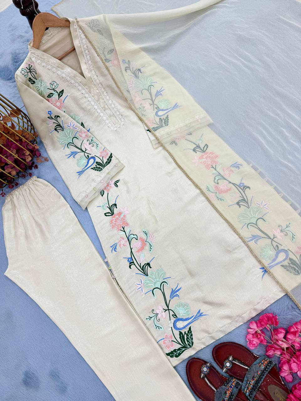 Ivory Embroidered Over Size Long Kaftan & Bottom With Dupatta For Festive Wear