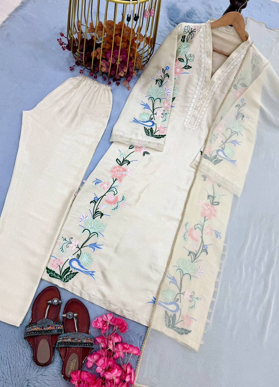 Ivory Embroidered Over Size Long Kaftan & Bottom With Dupatta For Festive Wear