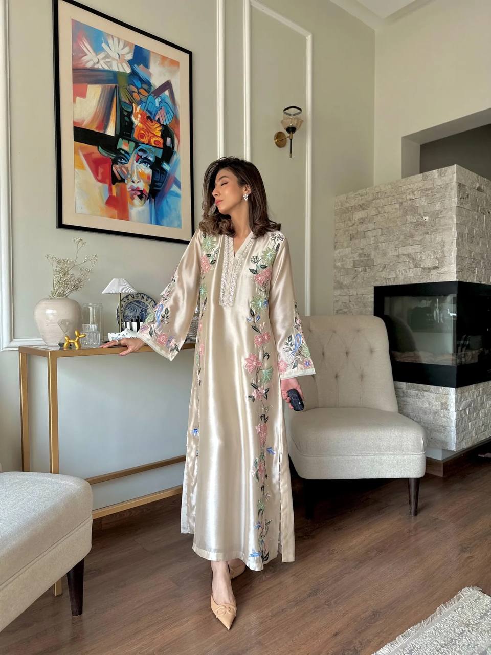 Ivory Embroidered Over Size Long Kaftan & Bottom With Dupatta For Festive Wear