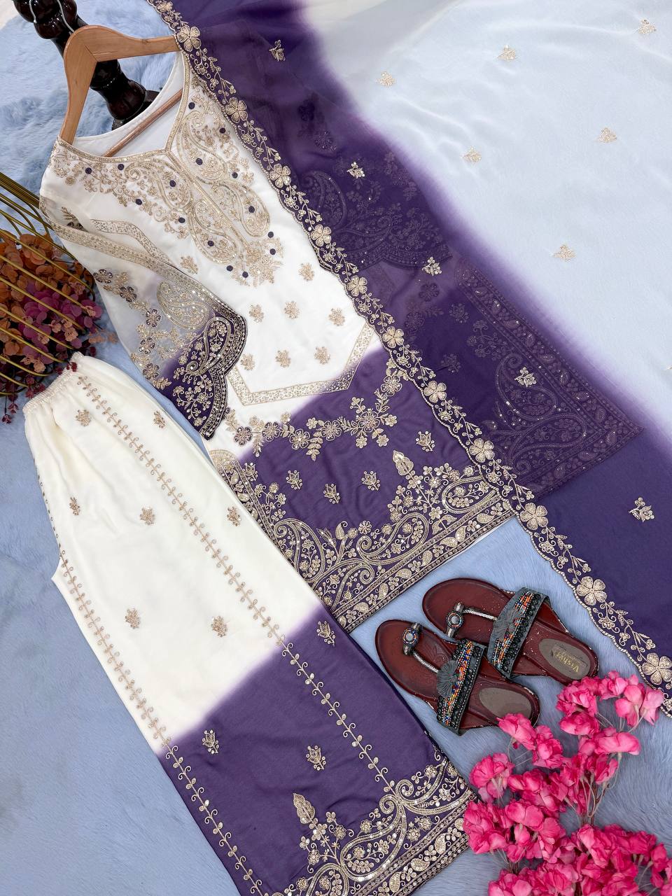 Purple Ivory Embroidered Festive Suit Set with Dupatta for Celebrations