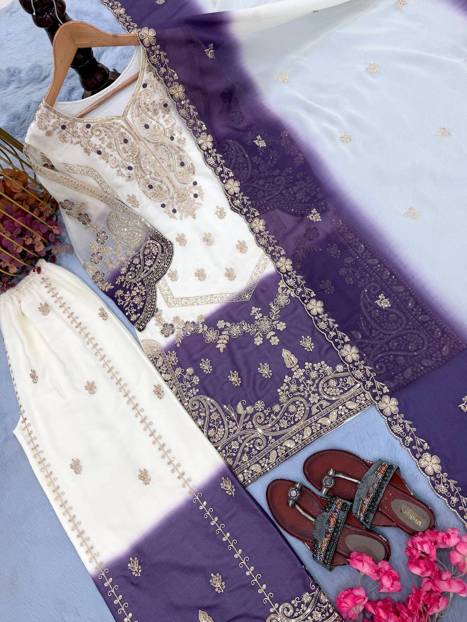 Purple Ivory Embroidered Festive Suit Set with Dupatta for Celebrations